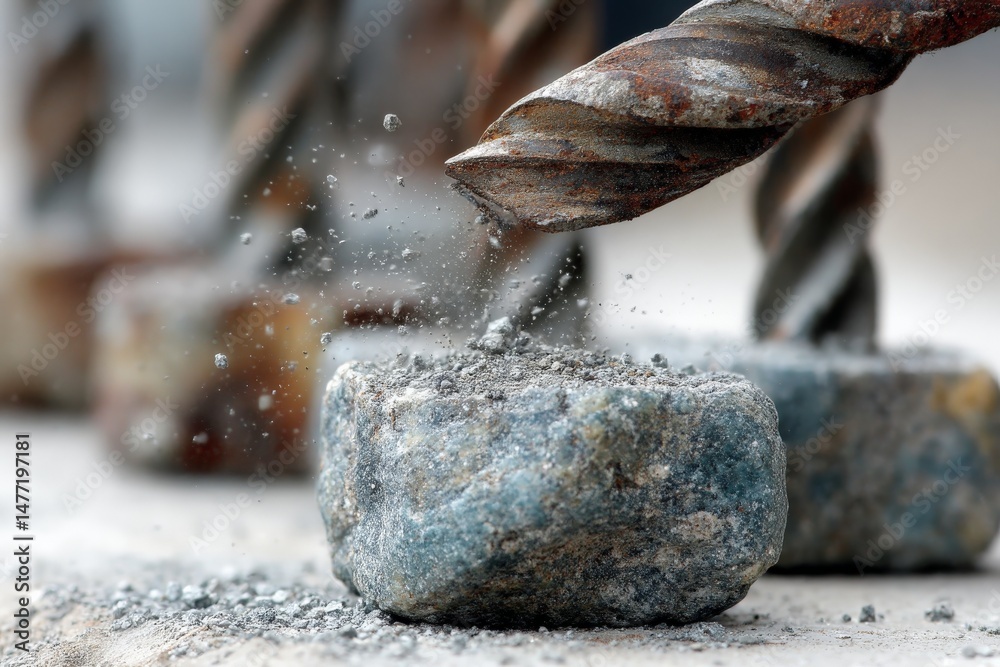 Aufkleber Drill piercing rock and creating dust in a workshop setting during daylight hours