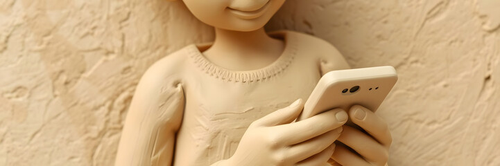 Realistic clay sculpture of a child using a smartphone for modern art and creative designs with copy space
