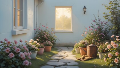 A modest, lush garden outside a clean, snow-white house is depicted in this calm and cosy minimalist oil painting with a noticeable palette knife technique, bathed in the gentle, warm glow of early mo