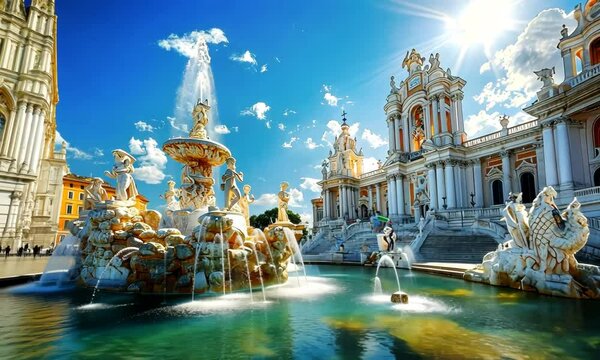 Beautiful white marble fountain in Rome at summer sunny day, splashes of clean water