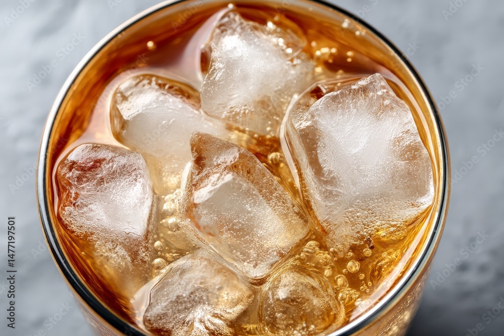 Poster refreshing beverage with ice in a transparent glass on a gray surface