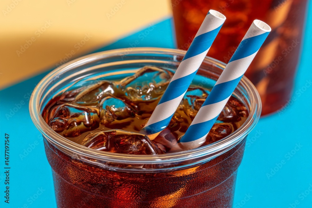 Poster chilled beverage with ice and striped straws served on a vibrant background in a sunny setting