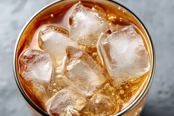 Refreshing beverage with ice in a transparent glass on a gray surface