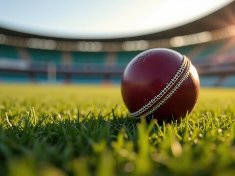 A red cricket ball rests on the green grass of a stadium field under sunlight, with empty stands visible in the background.