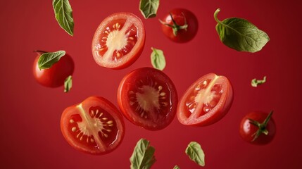 Naklejka premium Fresh Tomatoes and Basil Leaves Falling on Red Background Studio Shot Healthy Food Ingredients