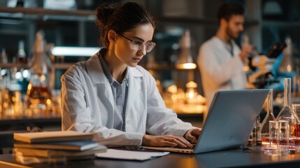 Woman in lab coat types on laptop with lab equipment in background.