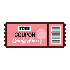 Free cotton candy coupon in retro style. With text and barcode. Isolated on transparent background.
