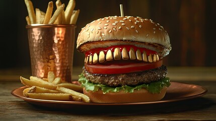 A mouth-watering cheeseburger topped with melted cheese and fresh lettuce, served in a toasted brioche bun.