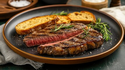 A close-up of a black plate featuring a gourmet dish of thinly sliced meat, garnished with onions and a creamy sauce.