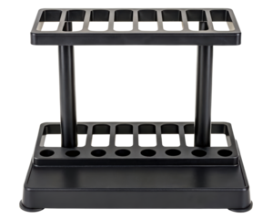 Black laboratory stand with multiple tiered holders on a transparent background