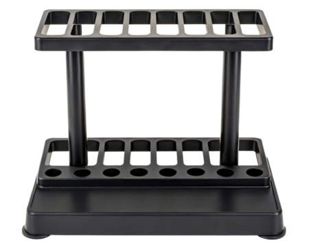 Black laboratory stand with multiple tiered holders on a transparent background