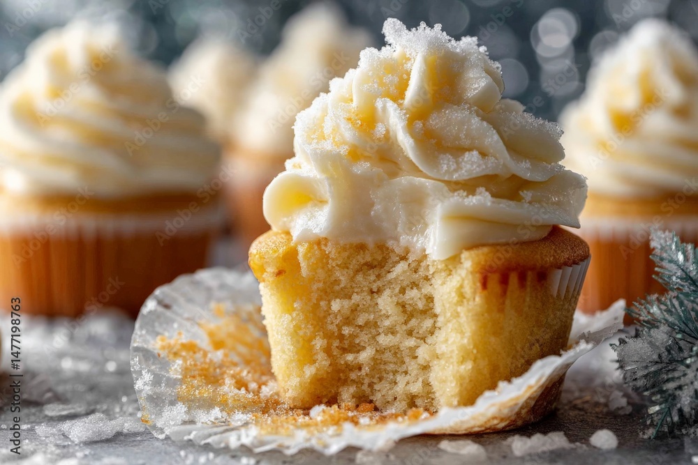 Poster cupcake with fluffy frosting and a bite taken out, showcased in a wintry setting with sparkling deco