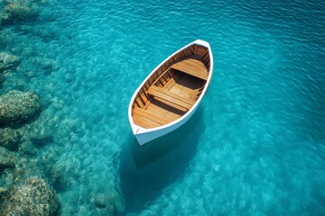 Obraz premium Serene Wooden Rowboat Floating on Turquoise Water Tranquil Summer Scene