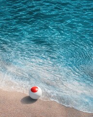 Obraz premium Beach ball resting on sandy shore with turquoise ocean water lapping gently aerial view summer vacation concept