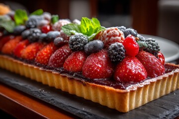 Delicious berry tart with fresh strawberries, blueberries, and blackberries presented elegantly on a dark serving platter
