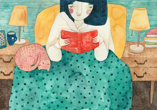 Girl reading a book in her bed with a cat next to her