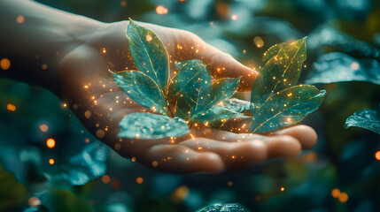 Hands holding floating glowing leaves in surreal light