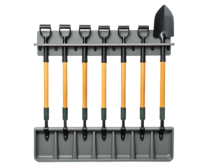 Wall-mounted storage rack holding multiple shovels on a transparent background
