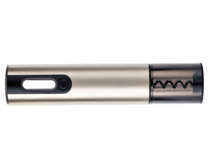 Sleek metallic electric wine bottle opener tool on a transparent background