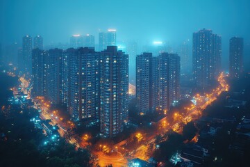City skyline at night with illuminated buildings and fog in a vibrant urban landscape