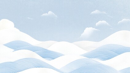 Obraz premium Gentle, pastel blue and white mountain range under a light sky. Soft, undulating peaks and valleys create a serene landscape. Delicate brushstrokes evoke a tranquil atmosphere