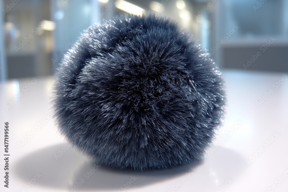 Poster soft, fluffy, and textured pom pom sits on a smooth surface in a modern workspace during daylight