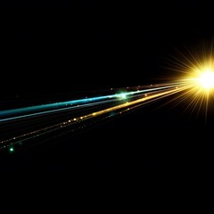Abstract Light Trails, Bright Starburst, Golden and Teal Streaks on Black Background