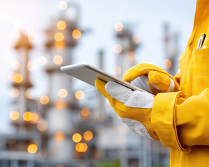 Technician in yellow safety suit uses tablet to strategize teamwork in oil and gas industry, uniting engineers and architects in construction