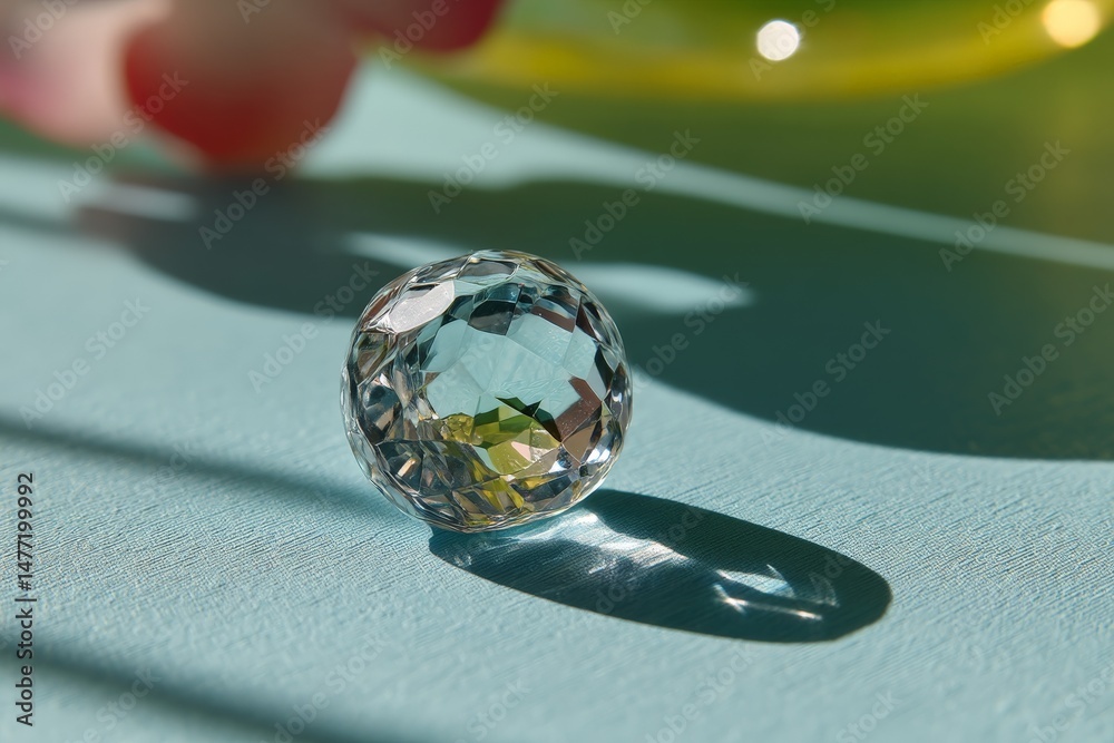 Poster sparkling clear crystal orb casting shadows on a blue surface with colorful reflections and soft lig