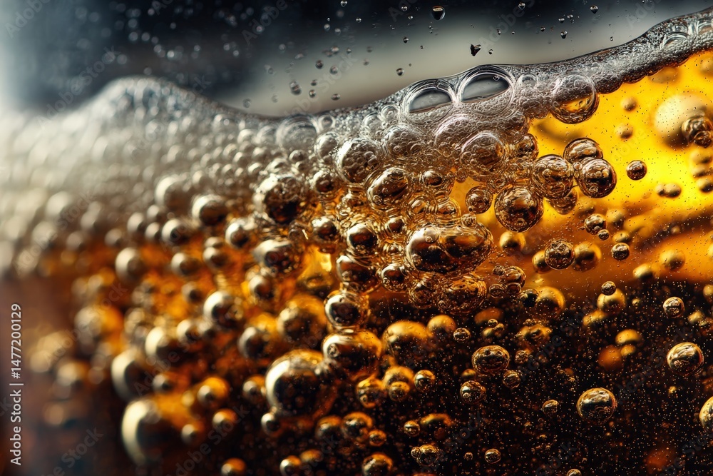Poster bubbles rise to the surface of a fizzy beverage in a close-up shot taken in a cozy indoor setting