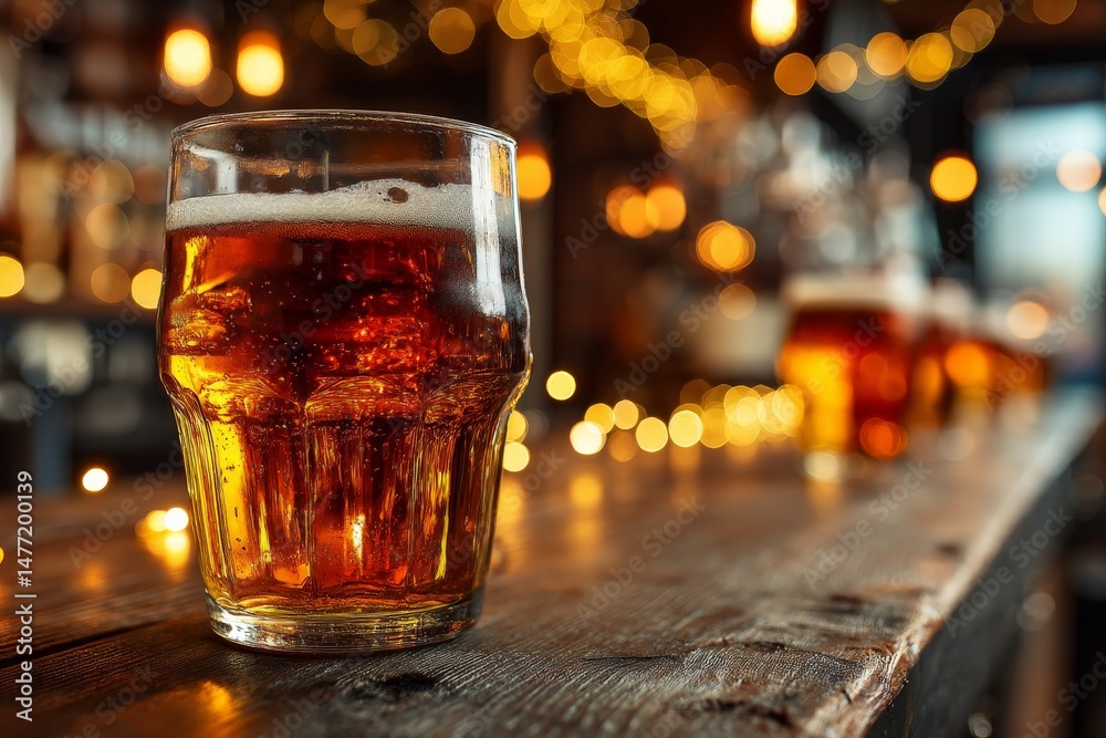Aufkleber refreshing craft beer served in a glass on a rustic wooden bar with warm lights in the background du