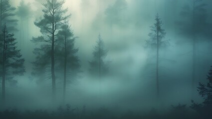 A tranquil landscape illustration depicts an evergreen forest shrouded in thick mist or fog, creating a soft-focus, atmospheric scene with a sense of depth and natural mystery.