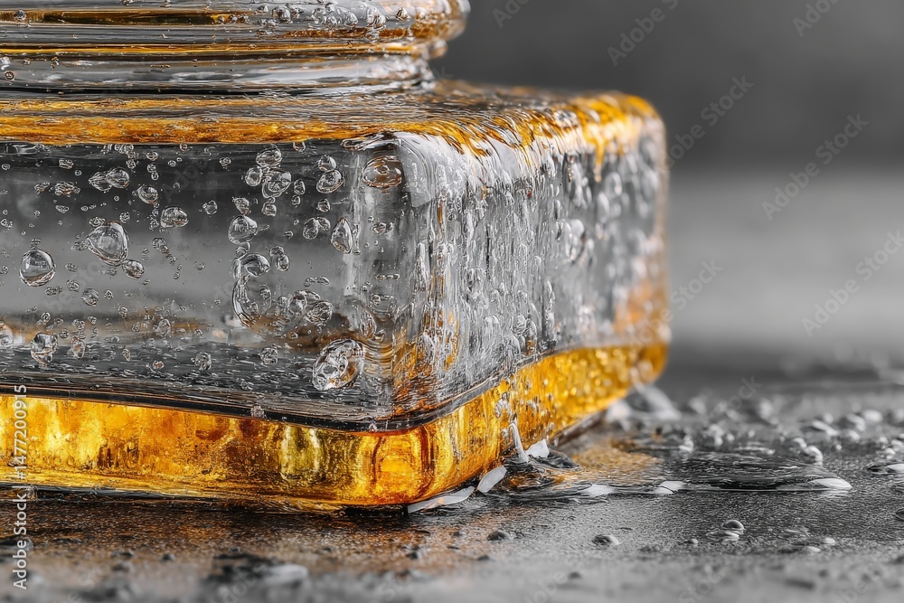 Poster clear glass bottle with amber liquid and bubbles resting on a wet surface, highlighting texture and 