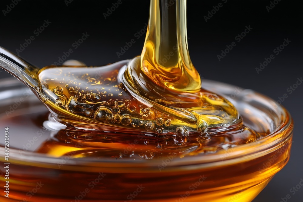Poster sweet honey pouring from a spoon into a glass bowl creating bubbles and a glossy surface