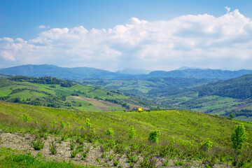 Springtime panorama of the hills range of Oltrepo Pavese. Is a winery area between Lombardy, Emilia and Piedmont Regions (Northern Italy), mainly in the Pavia Province.