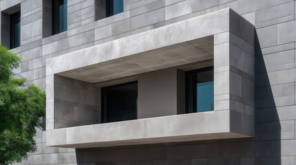 A modern architectural facade features a striking concrete balcony extending outwards, providing depth and contrast on the building's surface with visible.