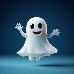 Cheerful cartoon ghost character with a friendly smile and arms raised