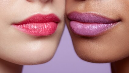 Two women's lips with different skin tones and lipstick colors close up.