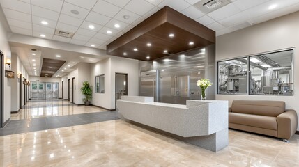 Expansive pharmaceutical packaging room showing white smooth wall cladding, stainless steel sealing machines, polished epoxy flooring with embedded drains, HEPA filter vents on ceiling, and