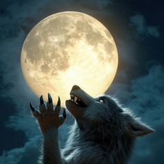 Majestic Wolf Howling Under Bright Full Moon at Night Sky