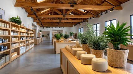 Fototapeta premium Expansive warehouse showroom featuring white painted structural walls, open rafter ceilings with exposed beams, polished concrete slabs, rows of industrial shelving displaying finished products,