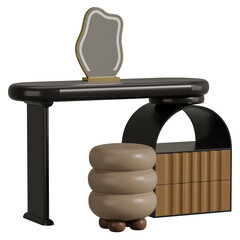 A black desk with a mirror and a stool