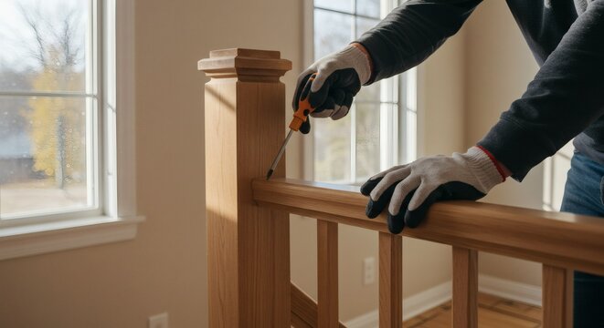 Craftsman Assembling Oak Stair Railing: A Detailed Close-Up