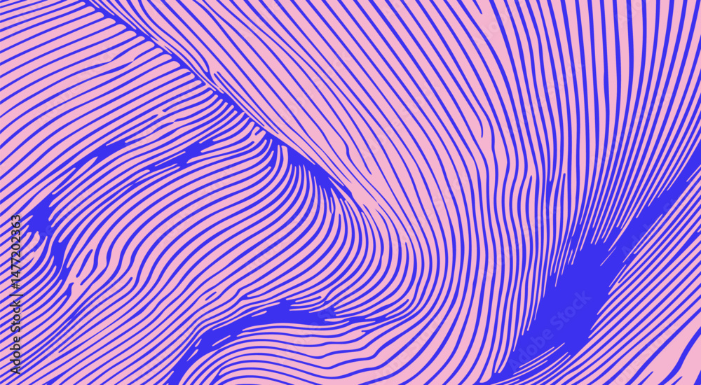Fototapete Abstract vector illustration with flowing wavy blue lines on a pink background, creating a dynamic and modern optical effect, ideal for digital design, posters, or contemporary art.
