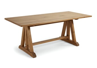 A wooden trestle table on a white background studio
