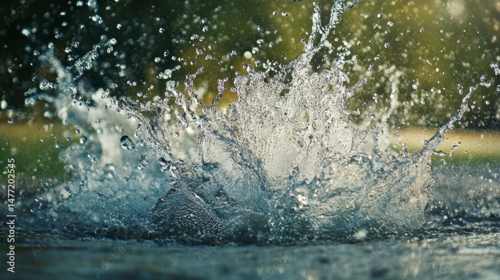 Poster Close-up of water splashing, creating a dynamic crown-like splash.