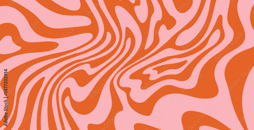 Fototapete Swirling orange and pink abstract vector pattern in a psychedelic 70s style. Wavy lines create a dynamic, retro, and playful effect, perfect for backgrounds, posters, and modern design projects.