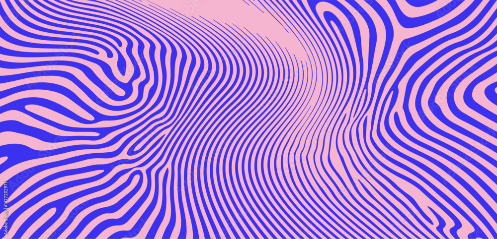 Leinwandbilder Abstract vector illustration with flowing wavy blue lines on a pink background, creating a dynamic and modern optical effect, ideal for digital design, posters, or contemporary art.
