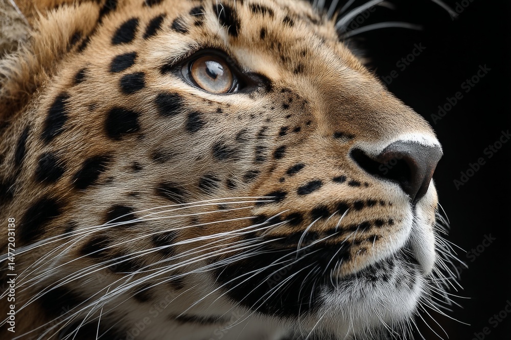 Poster close-up of a leopard exhibiting striking features and piercing gaze in a natural habitat