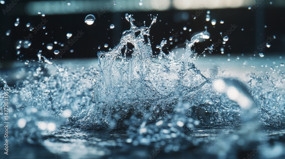 Poster Close-up of water splashing, creating dynamic droplets and texture.